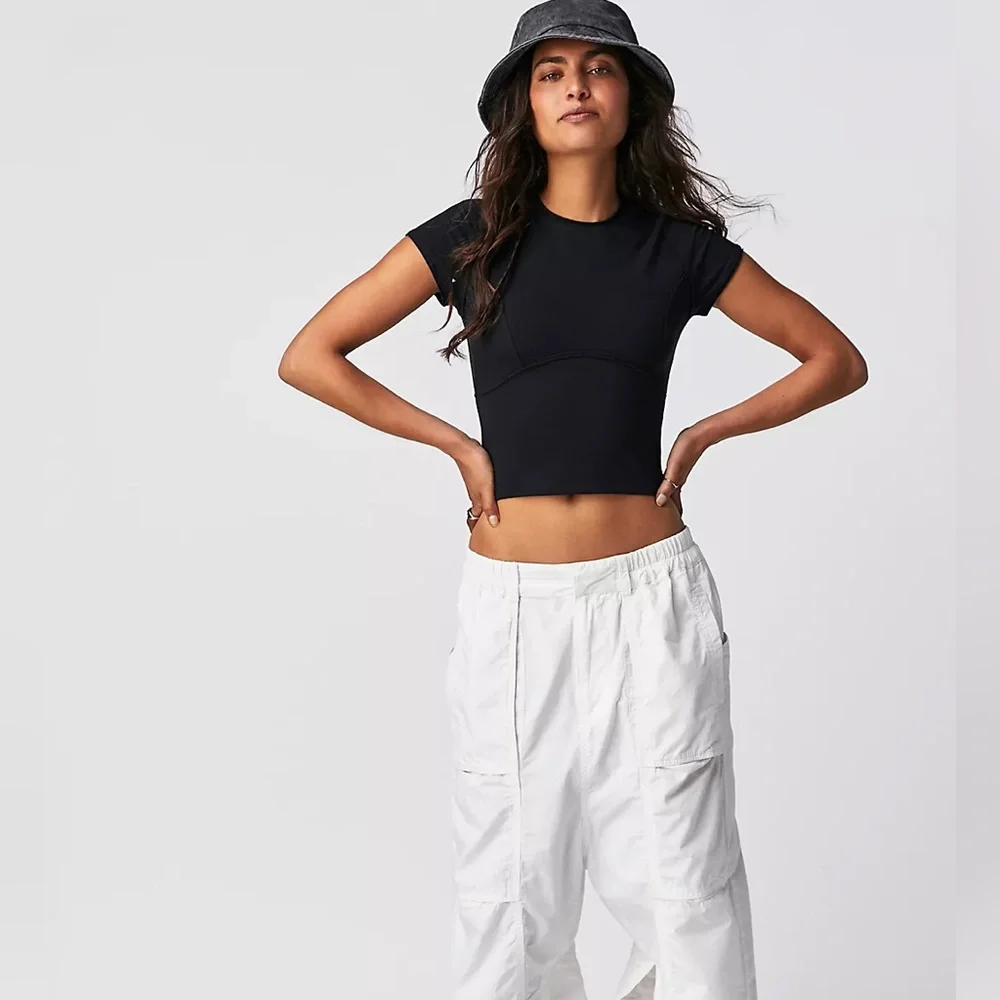Free People Black Short Sleeve Fitted Crop Tee